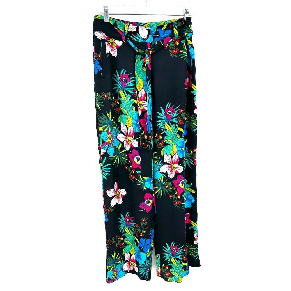 CACHE Blue Green Pink Floral Lightweight High Rise Wide Leg Belted Pants Size 8